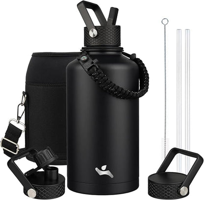 Insulated Water Bottle with Straw,87 oz 3 Lids Water Jug with Carrying Bag,Paracord Handle,Double Wall Vacuum Stainless Steel Metal Flask,Black