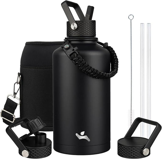 Insulated Water Bottle with Straw,87 oz 3 Lids Water Jug with Carrying Bag,Paracord Handle,Double Wall Vacuum Stainless Steel Metal Flask,Black
