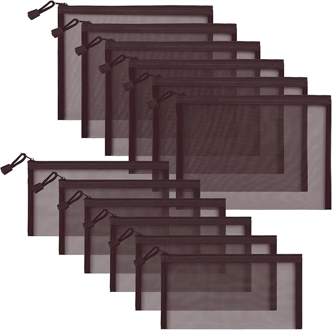 12 Pieces Zipper Nylon Mesh Pouch, Mesh Cosmetic Bags Makeup Bags Pencil Case, Multipurpose Travel Bags for Cosmetic School Office Supplies and Travel Accessories (Coffee, A5+B6)