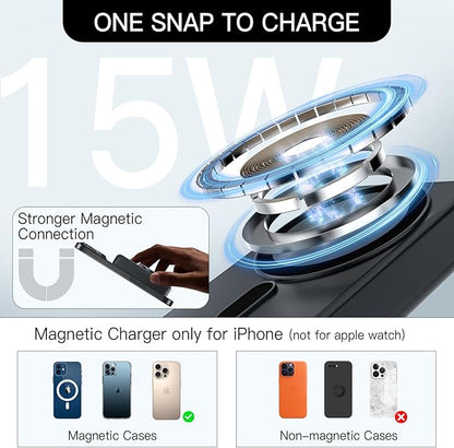 HUOTO 3 in 1 Foldable Magnetic Wireless for iPhone Charging Station,10000mAh Portable Charger Power Bank with Stand for MagSafe Battery Pack for iPhone 17/16/15/14/13/12 Series/Apple Watch/Air pods