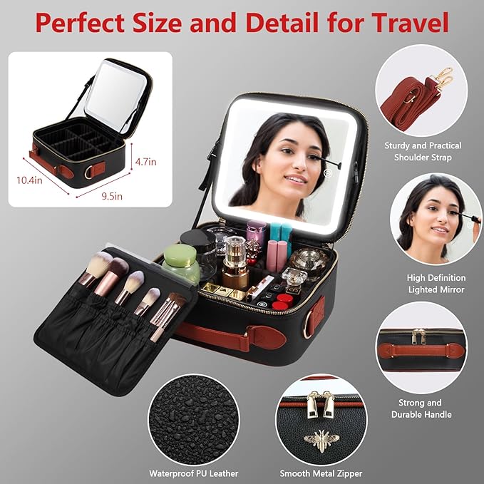 Travel Makeup Bag with Mirror of LED Lighted, Rechargeable Cosmetic Train Case Artist Makeup Organizer for Women with Adjustable Dividers, Makeup Brushes Holder and Strap (CosMirr-Black02)
