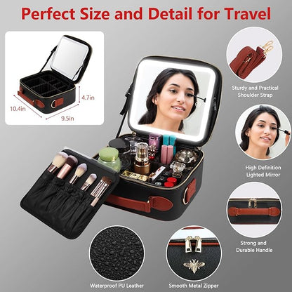 Travel Makeup Bag with Mirror of LED Lighted, Rechargeable Cosmetic Train Case Artist Makeup Organizer for Women with Adjustable Dividers, Makeup Brushes Holder and Strap (CosMirr-Black02)