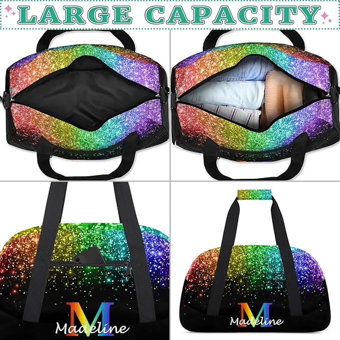 Personalized Kids Sports Duffel Bag with Name Custom Weekender Overnight Bag for Boys Girls Gym Bag Travel Dance Gymnastics Duffel Bag, Rainbow Glitter