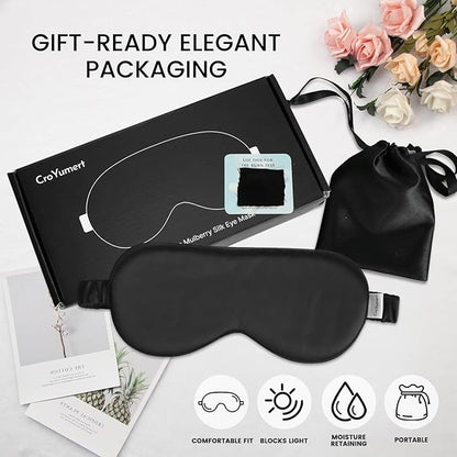 Pure 22 Momme 6A Grade Mulberry Silk Sleep Mask for Side Sleepers - Adjustable, 100% Blackout Eye Mask with Travel Pouch (Black)