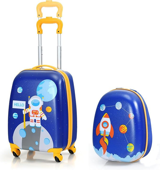 KOTEK Kids Carry On Luggage Set, 16" Hardside Rolling Suitcase with Spinner Wheels, Travel Rolling Luggage for Boys Girls (Spaceman)
