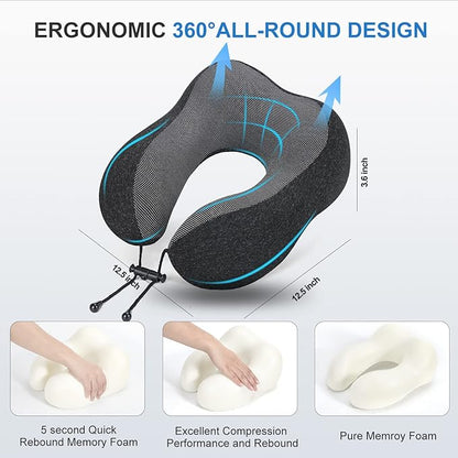 TALLGO Travel Pillow, Best Memory Foam Neck Pillow Head Support Soft Pillow for Sleeping Rest, Airplane Car & Home Use (Black-E)
