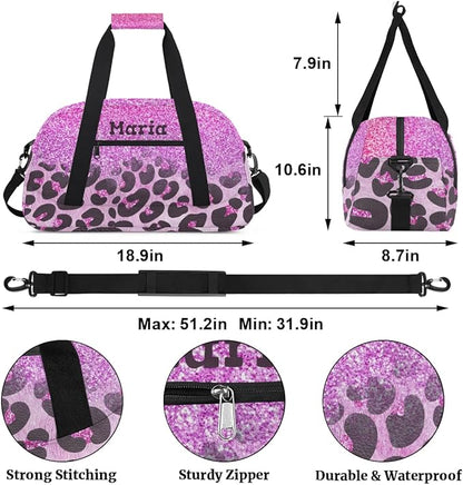 Personalized Kids Sports Duffel Bag with Name Custom Weekender Overnight Bag for Boys Girls Gym Bag Travel Dance Gymnastics Duffel Bag, Purple Glitter Leopard Print
