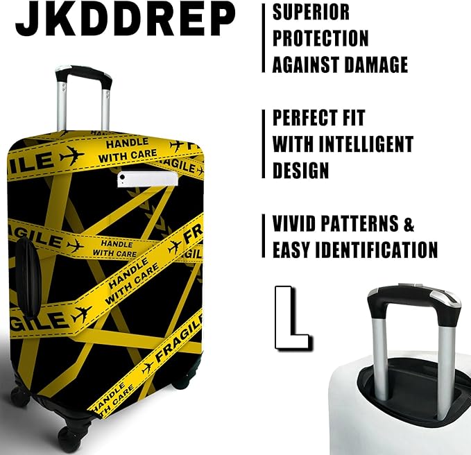Gold Fragile Travel Luggage Cover, Travel-Themed Suitcase Protector Stretchable, Washable Travel Suitcase Cover (L for 25-28 Inch Luggage)
