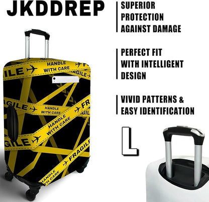 Gold Fragile Travel Luggage Cover, Travel-Themed Suitcase Protector Stretchable, Washable Travel Suitcase Cover (L for 25-28 Inch Luggage)