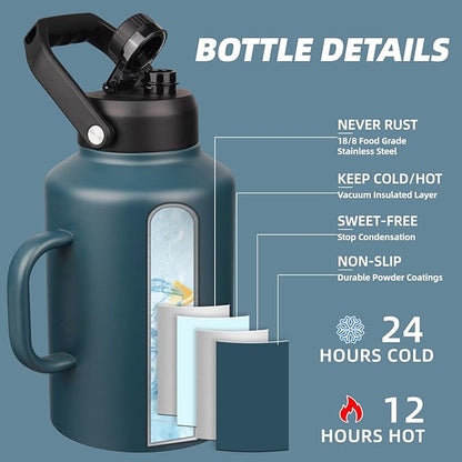BJPKPK 1 Gallon Water Bottle with Handle, Large Dishwasher Safe 128oz Insulated Water Bottle, BPA Free Water Jug, Wide Mouth Metal Flasks with Anti-slip Bottom, Keep Cold & Hot,Navy Blue