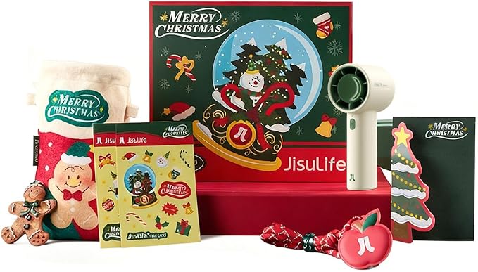 JISULIFE Portable Fan Christmas Gifts, 4000mAh Mini Handheld Fan with Neck Strap, Stickers, Christmas Stockings, Ideal for Travel, Camping. Gifts for Women, Men, Kids (Beige)