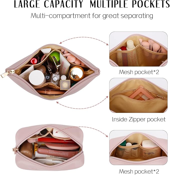 Women Gifts | Initial Makeup Bag Set for Girl Personalized Gifts for Bridesmaid Friend Graduation Teachers PU Leather Cosmetic Travel Toiletry Bag(Pink,N)