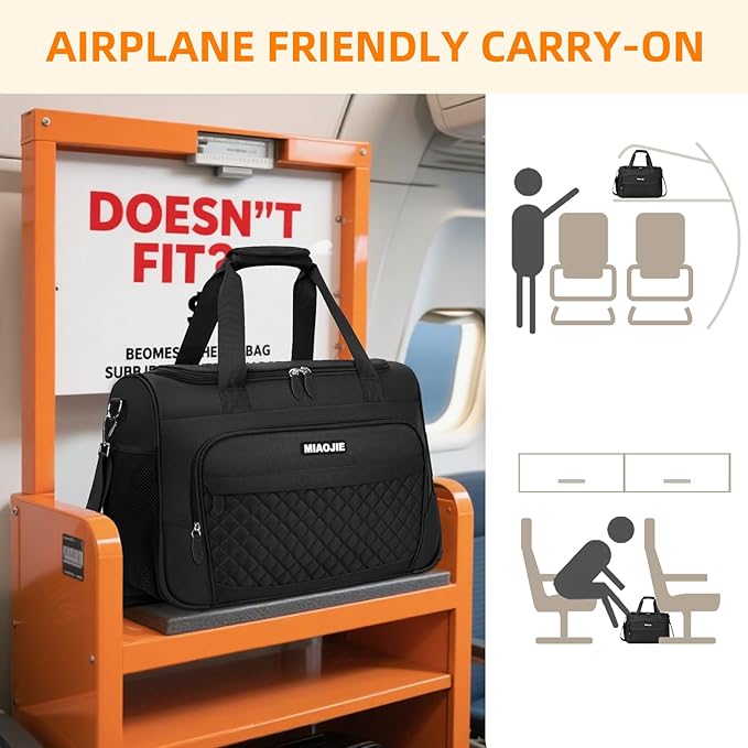 Travel Duffle Bag for Women, Underseat Carry On luggage Bag Foldable Overnight Weekender Hospital Bag Lightweight Airplanes Personal Item Travel Tote Bag for Women Birthday Gifts, 18IN Black