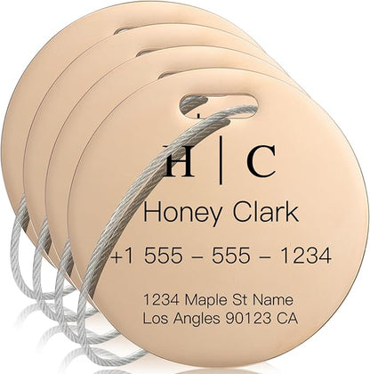 Stainless Luggage Tags for Suitcases 4 Pack: Metal Personalized Luggage Tags for Backpacks & Bags with Customizable Texts (Rose Gold)