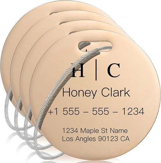 Stainless Luggage Tags for Suitcases 4 Pack: Metal Personalized Luggage Tags for Backpacks & Bags with Customizable Texts (Rose Gold)