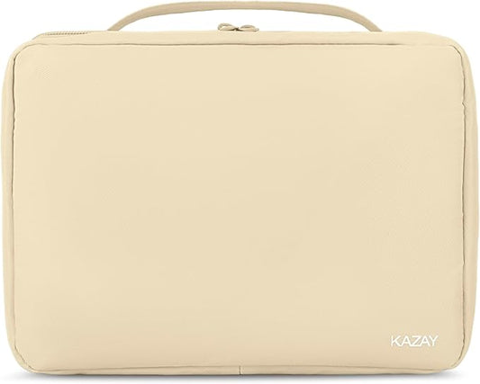 KAZAY Hanging Toiletry Bag with TSA Approved Detachable Pouch, Travel Toiletry Bag, Water Resistant, Premium Nylon, Full-Size Bottles, Travel Size Toiletries, Cosmetic Bag, Unisex (Beige)