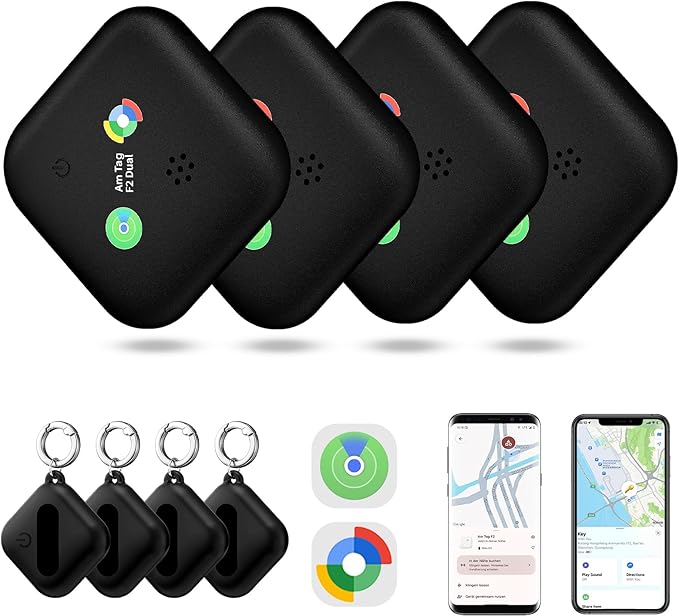 Dual-System Compatible Bluetooth Tracker for iOS or Android Key Finder, Item Locator, Smart Luggage Tracker, Pet Tracker Works with Apple Find My or Google Find Hub IP67 Waterproof Rating (4-Pack)