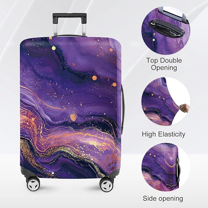 FOREVER QUEEN Luxury Purple Gold Marble Luggage Cover Suitcase Protector Suitcase Cover Anti-Scratch,Stretchable Bag Cover Washable Durable Polyester