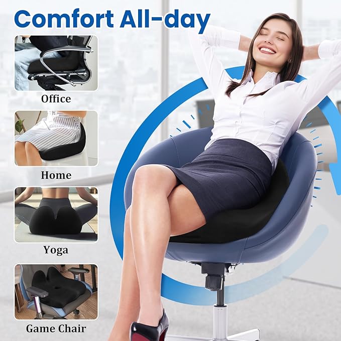 Seat Cushion, Memory Foam Office Chair Seat Cushion for Office Chairs/Car/Long Trip/Desk Chair/Gaming, X-Large Size for Sciatica & Hip & Tailbone Pain Relief, Sciatica Support (Black)