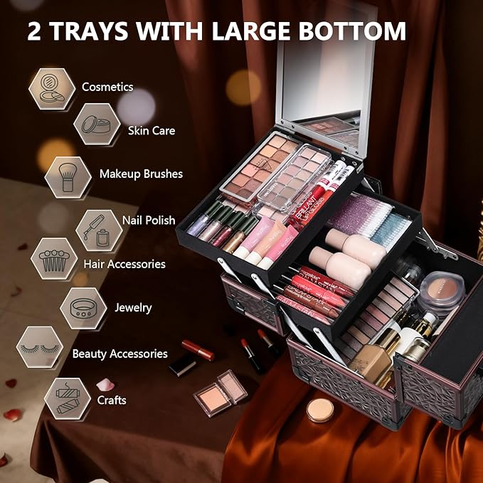 Joligrace Makeup Train Case Cosmetic Box Portable Makeup Case Organizer 2 Trays Makeup Storage with Mirror Locking for Cosmetologist Aesthetic Supplies Nail Tech Traveling Makeup Box Dark Brown