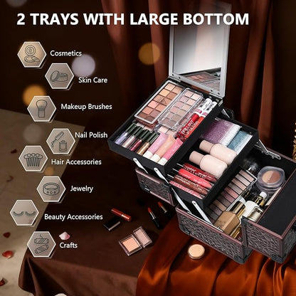 Joligrace Makeup Train Case Cosmetic Box Portable Makeup Case Organizer 2 Trays Makeup Storage with Mirror Locking for Cosmetologist Aesthetic Supplies Nail Tech Traveling Makeup Box Dark Brown