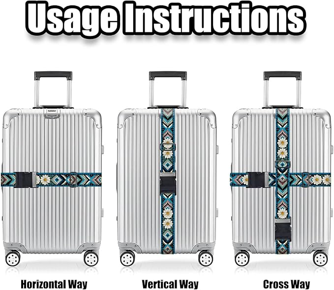 Nuxovilar Luggage Straps of 2 Set Ethnic Style & Daisies Pattern, 1.96x90.5 inches - Luggage Straps for Suitcases, Great for Cultural Trips, Outdoor Events, Daily Travel