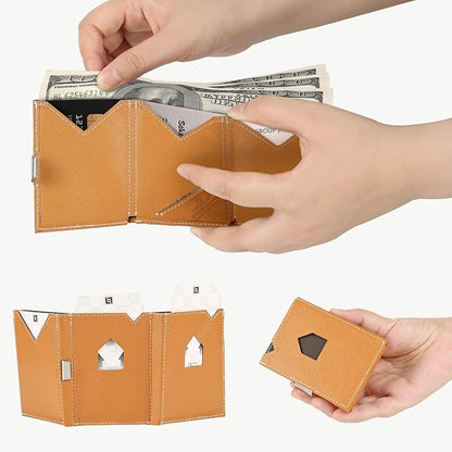 Men's Wallet, Genuine Leather RFID Blocking Slim Money Clip Wallet Minimalist Front Pocket Tri-Fold Money Clip Credit Card Holder with Present Box Khaki