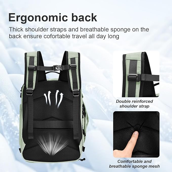 Carry On Travel Backpack with Shoe Compartment Flight Approved Laptop Backpack Expandable Work Business Backpack for Women Men Casual Daypack, Light Green