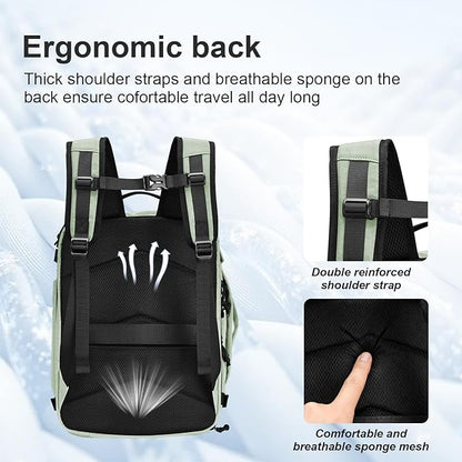 Carry On Travel Backpack with Shoe Compartment Flight Approved Laptop Backpack Expandable Work Business Backpack for Women Men Casual Daypack, Light Green