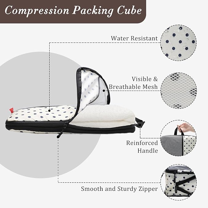 U+U 6 Set Compression Packing Cubes - Ultralight Travel Organizers with Laundry Bag, Space-Saving Suitcase Organizer, Expandable Packing Cubes for Travel, Business Trip and Family Vacation (Polka Dot)