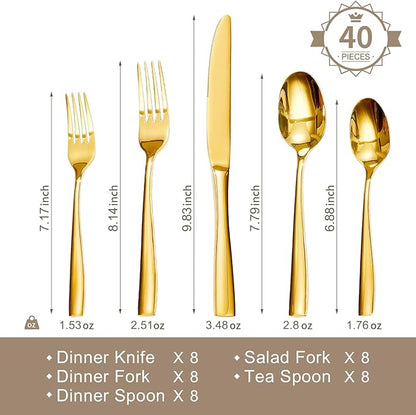 HIKAA Forged Silverware Set Stainless Steel Flatware Set,Service for 8,Matte Satin Polished Cutlery Set,Dishwasher Safe (Gold, 40PCS)