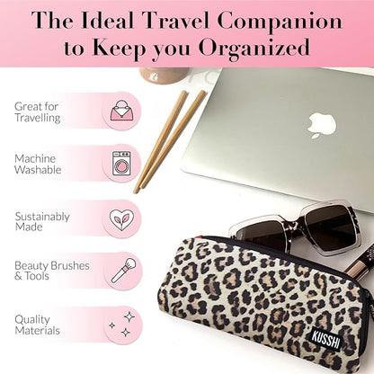 KUSSHI Neoprene Zipper Makeup Brush Pouch and Travel Pencil Case for Beauty Tools, Pencils, Brushes & Small Accessories - Makeup Brush Bag Pouch for Organization and Travel Items (Leopard/Red)
