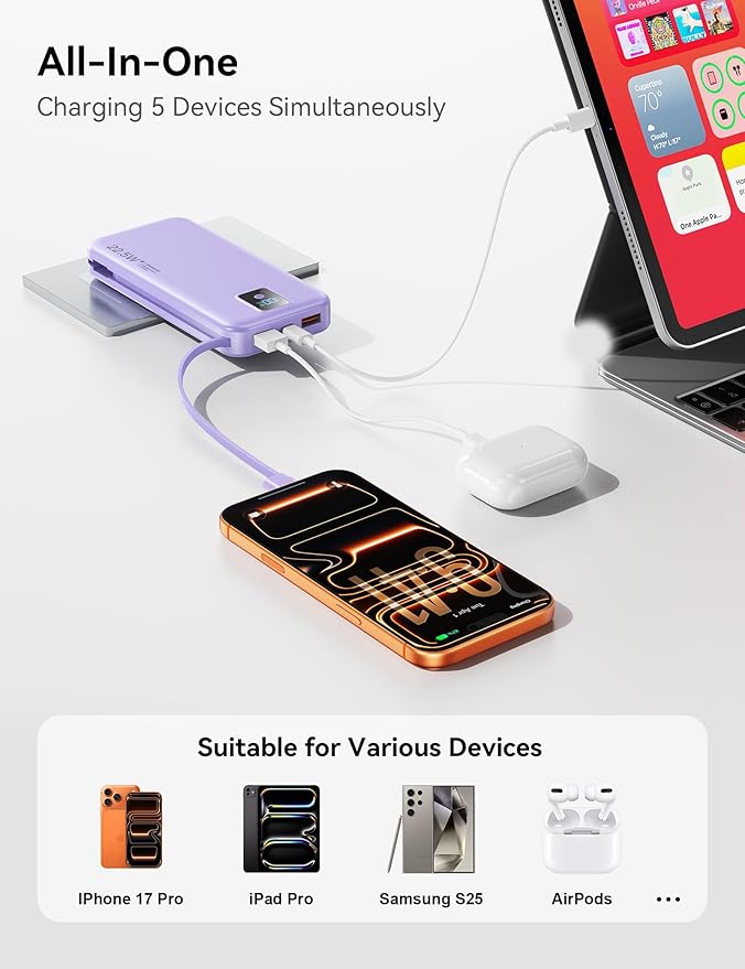 Portable Charger, 12000mAh 22.5W Fast Charging Power Bank with Built-in Cables & Wall Plug, Travel Essentials Battery Pack with LED Display, USB C External Battery Bank for iPhone iPad, Samsung Purple