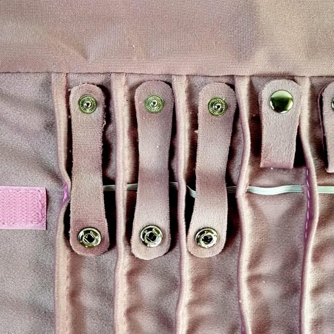 Portable Jewelry Roll Untangled Secure Necklace Travel Storage Bag Displays Holder 16 Chain (Embroidery Pink Velvet)