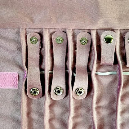 Portable Jewelry Roll Untangled Secure Necklace Travel Storage Bag Displays Holder 16 Chain (Embroidery Pink Velvet)
