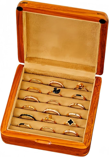 Solid Wood Ring Organizer, Handmade Walnut Jewelry Case for Multiple Rings, Cufflinks, Earrings - Portable Travel Size - Wooden Vintage Gift for Women, Valentine, Mother's Day