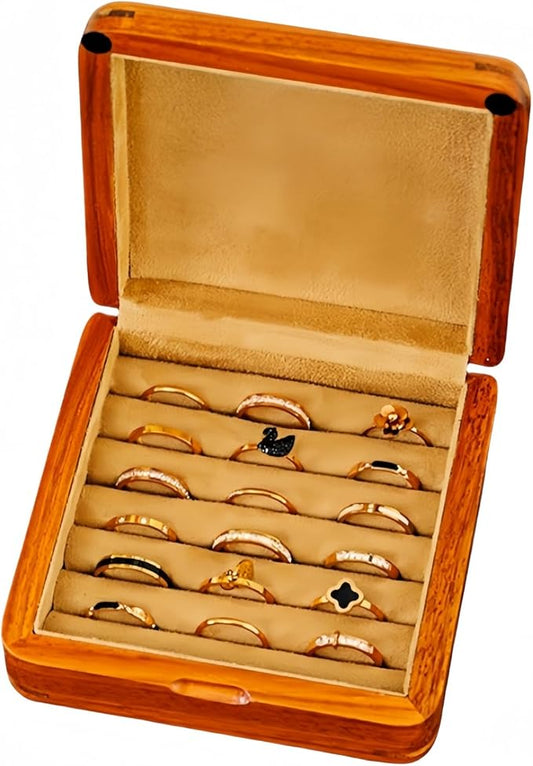 Solid Wood Ring Organizer, Handmade Walnut Jewelry Case for Multiple Rings, Cufflinks, Earrings - Portable Travel Size - Wooden Vintage Gift for Women, Valentine, Mother's Day