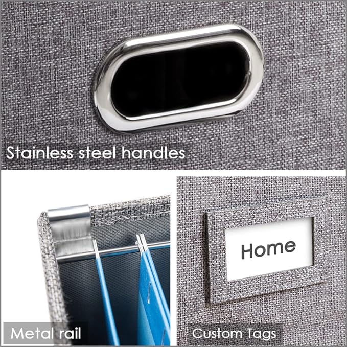 PRANDOM File Organizer Box - Set of 4 Collapsible Decorative Linen Filing Storage Hanging File Folders with Lids Office Cabinet Letter/Legal Size Grey 17.1x14x11.1 inch