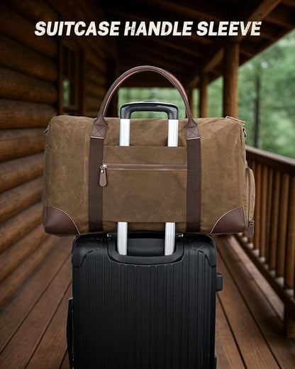 Gonex Waxed Canvas Duffle Bag for Travel, Water-resistant Vintage 55L Duffel Weekender with Shoes Compartment & Luggage Tag, Heavy-duty Overnight Bag with Suitcase Handle Sleeve for Men, Dark Brown