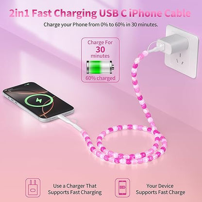 SAMONPOW for iPhone 17 16 Pro Charger Cord 4 in 1 USB C Charger Cable 3FT Jade Beaded Multi Charger Cord 60W USB Fast Charging Cable for iPhone 15 14 13 12 MacBook iPad, for Samsung Galaxy S25 S24
