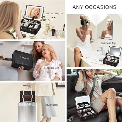 Leather Makeup Case with LED Lighted Mirror 11.4 Inch Travel Makeup Bag Adjustable Brightness in 3 Colors Cosmetic Organizer Artist Storage Bag with Dividers Brush Holder Bag Vanity Dark Brown