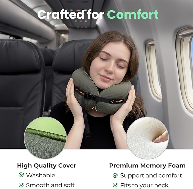 Cesperi® Travel Neck Pillow for Airplanes, Ergonomic Design for Petite Neck, Airplane Neck Pillow with Memory Foam, Travel Essentials for Flights, Car Rides, and Home Rest, Small (Avocado Green)