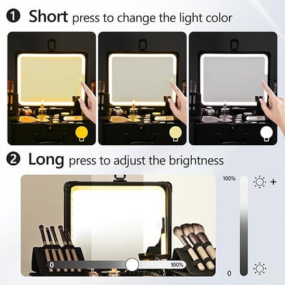 Makeup Case with Lighted Mirror, Makeup Box Organizer with Detachable LED Mirror, Travel Makeup Train Case, Waterproof Cosmetic Organizer, Standing Makeup Brush Holder, Gift, Black