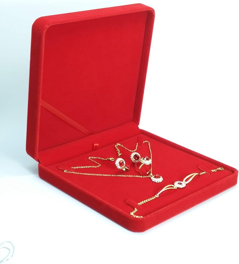 Jewelry Set Velvet Box Necklace Earring Ring Necklace Bracelet Gift Display Case Wedding Jewelry Storage Holder (Red)