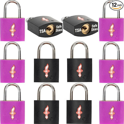12 Pack TSA Travel Lock,TSA Luggage Lock for Suitcases, Gun Cases & Travel Bags - Solid Brass Security Lock with Color Shell (12 Colors: Black/Juice)