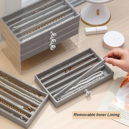 SPAKOWN Necklace Organizer Box, Velvet Necklace Box Holder Tray with Clear Lid Chains Showcase Stackable Necklace Storage for Pendant Bracelet (5 Drawers - Grey)