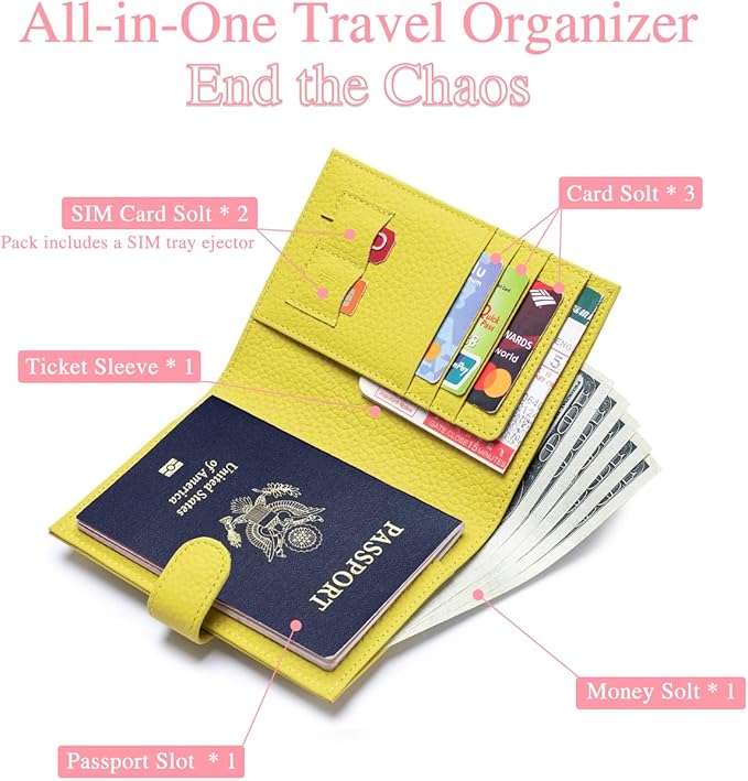 Slim Passport Wallet for Women – RFID Blocking Passport Holder for Travel Women with Card Slots, Coin Pocket & SIM Slot – Genuine Leather Travel Organizer – Lemon Yellow