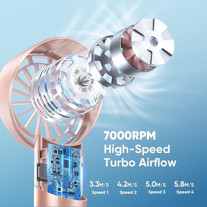 AMACOOL Portable Handheld Turbo Fan, 17Hrs Runtime, 4 Speeds Wind, Cool Metal Body, Rechargeable Battery Personal Fan, Mini Pocket Fans for Girl Woman Man Travel Makeup Camping Outdoor-Pink
