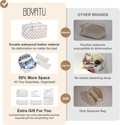 BOYATU Travel Makeup Bag Cosmetic Bags for Women: 3 Pcs Set Portable Make up Bag with Handle - Vegan Leather Toiletry Bags with Compartments - Makeup Organizer for Travel Essentials (C-3-White)