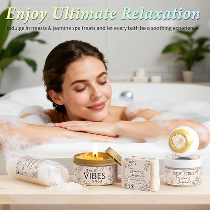 Spa Gifts for Women Bath Gift Set, Freesia & Jasmine Relaxing Spa Gift Basket Home Bath Set Self Care Kit Care Package Thank You Christmas Birthday Gifts for Women Mom Her Friend Sister Teen Girl Wife